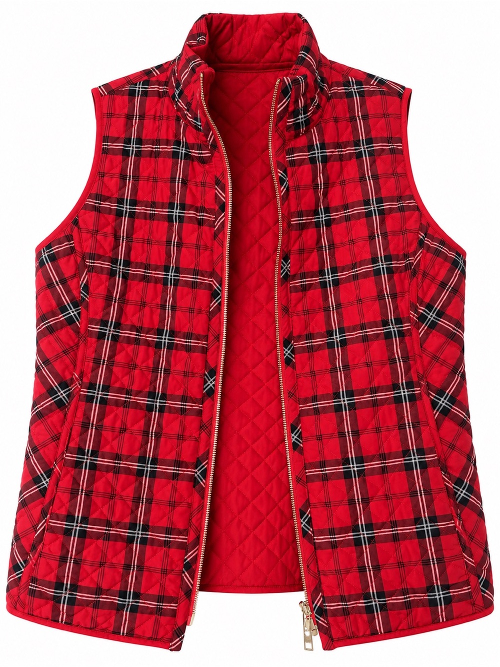Chico’s Reversible Red Plaid Quilted Vest Gold Zip
